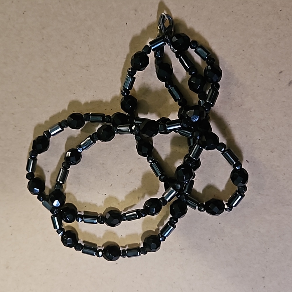 Vintage Black Crystal Glass & Hematite Necklace